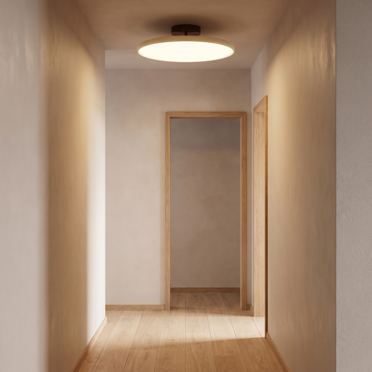 Orbita flush mount light in a modern hallway