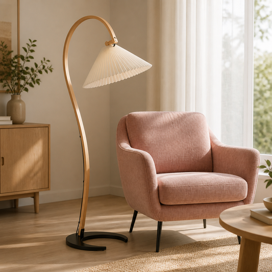 Caprani Curved Beech Arc Floor Lamp beside a blush pink armchair