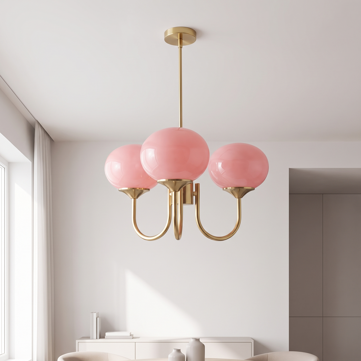 Bianca chandelier seen from below against a white ceiling