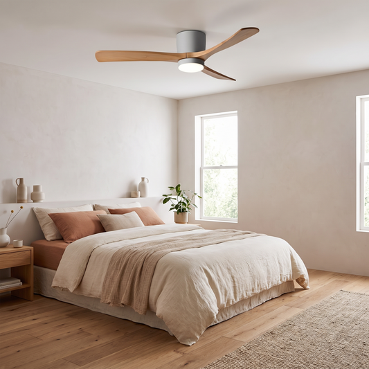 Sylva ceiling fan light in a bright neutral bedroom