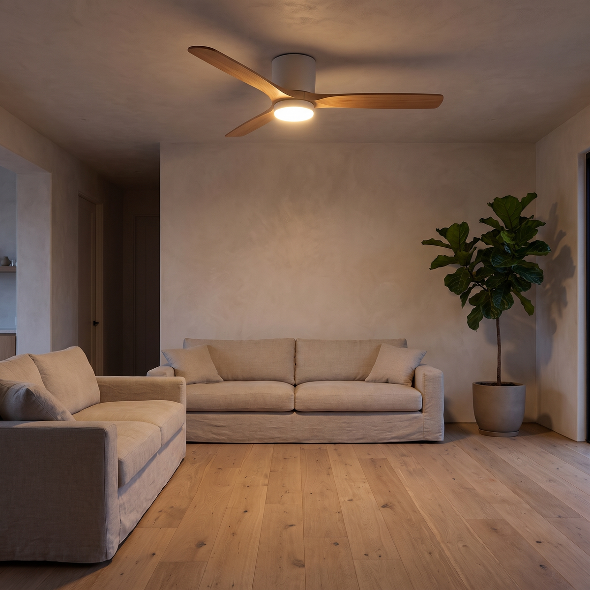 Sylva ceiling fan light in an open plan living room at dusk