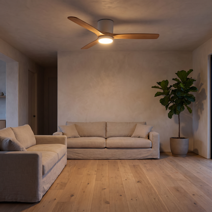 Sylva ceiling fan light in an open plan living room at dusk