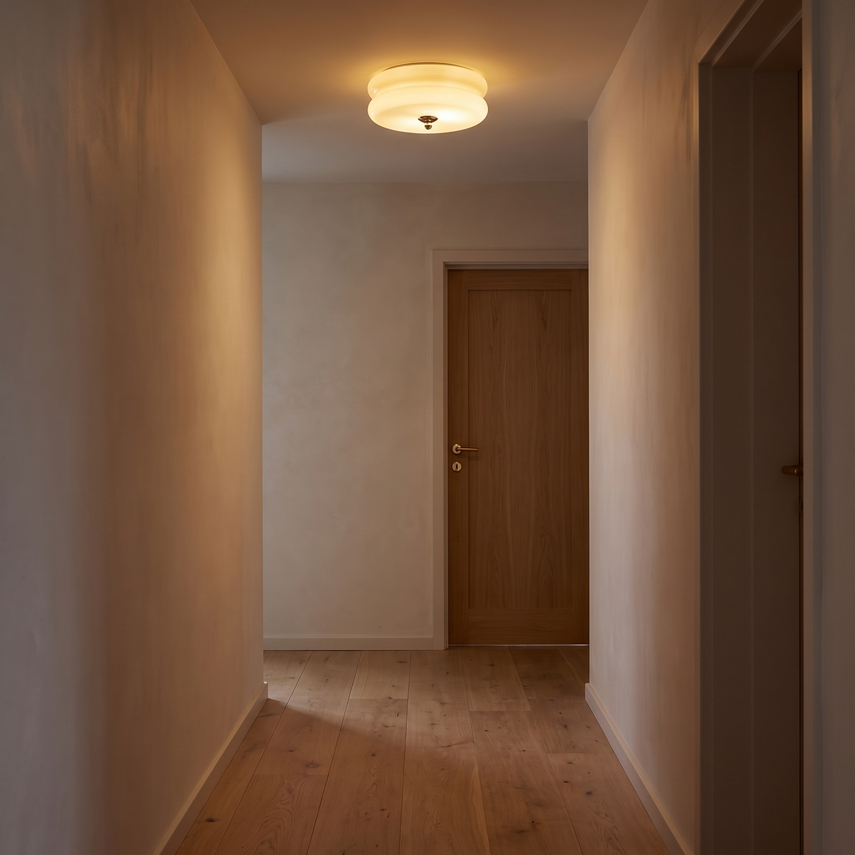 Gatsby flush mount lighting a narrow hallway at night