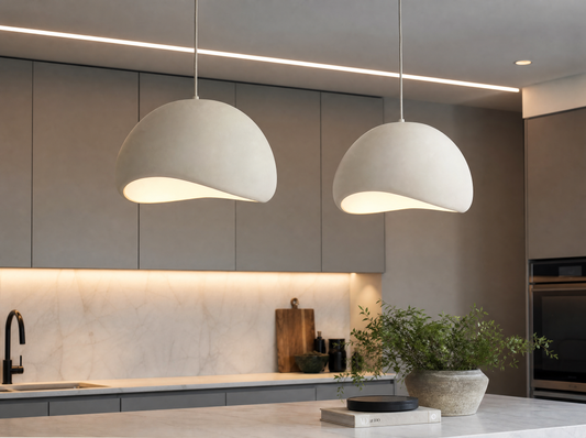 Two Nubia Cloud Pendant Lights hung over a kitchen counter