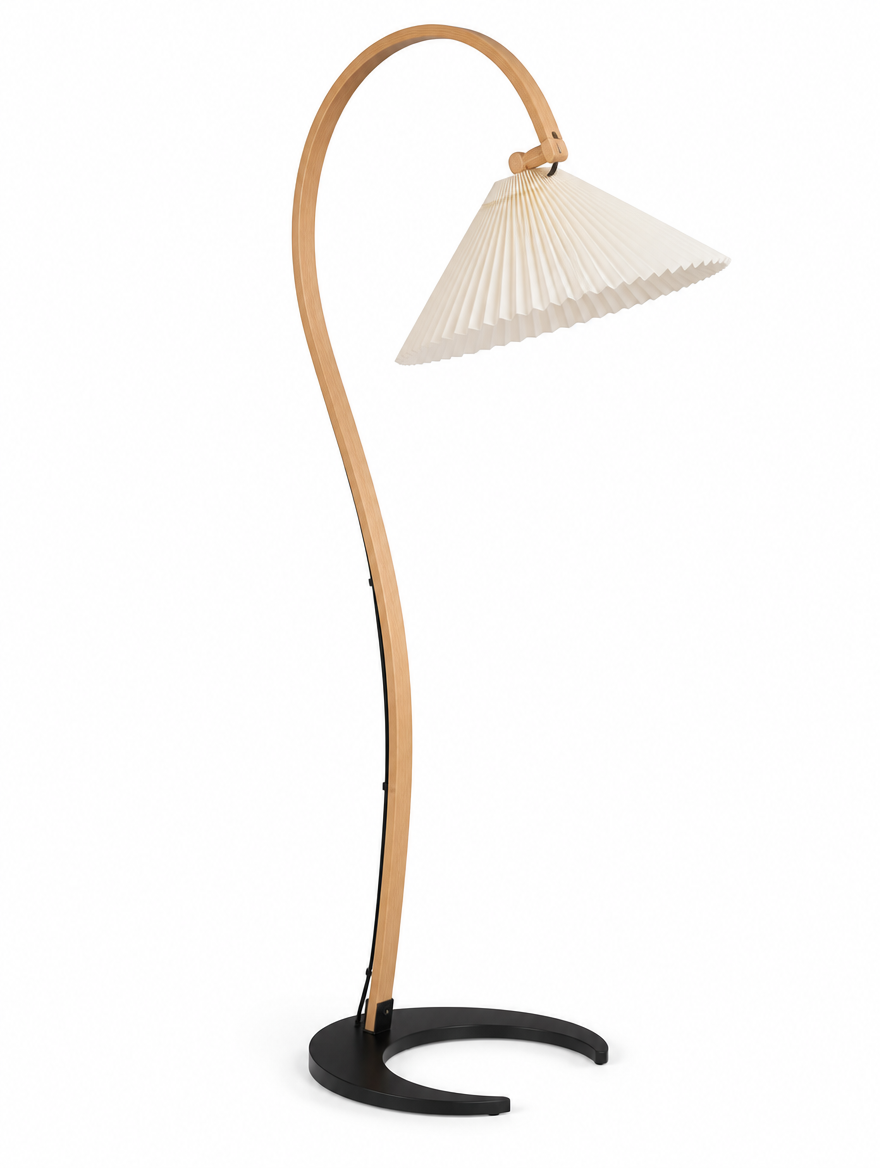 Caprani Curved Beech Arc Floor Lamp, angled view showing full wood arm curve