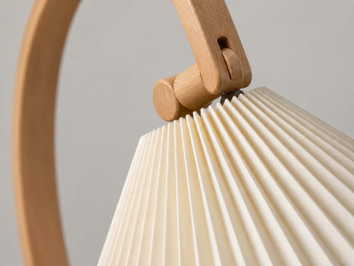 Close-up of the knife-pleated shade on the Caprani floor lamp
