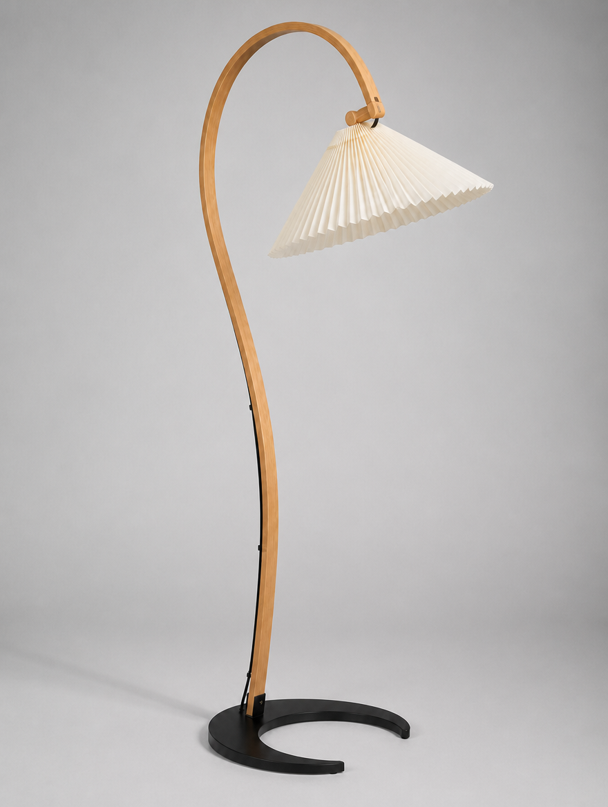 Caprani Curved Beech Arc Floor Lamp, three-quarter studio angle