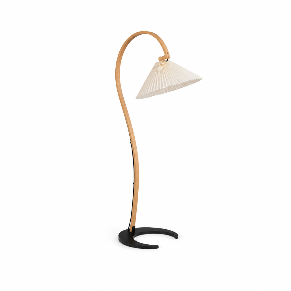 Caprani Curved Beech Arc Floor Lamp, white background