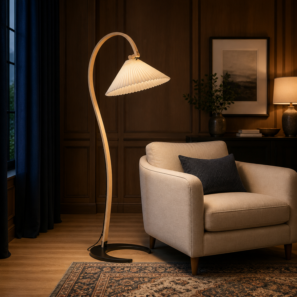 Caprani Curved Beech Arc Floor Lamp beside a beige armchair
