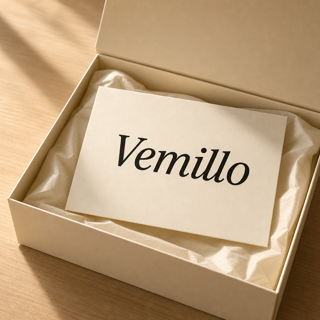 Vemillo notecard resting in an open box lined with tissue paper