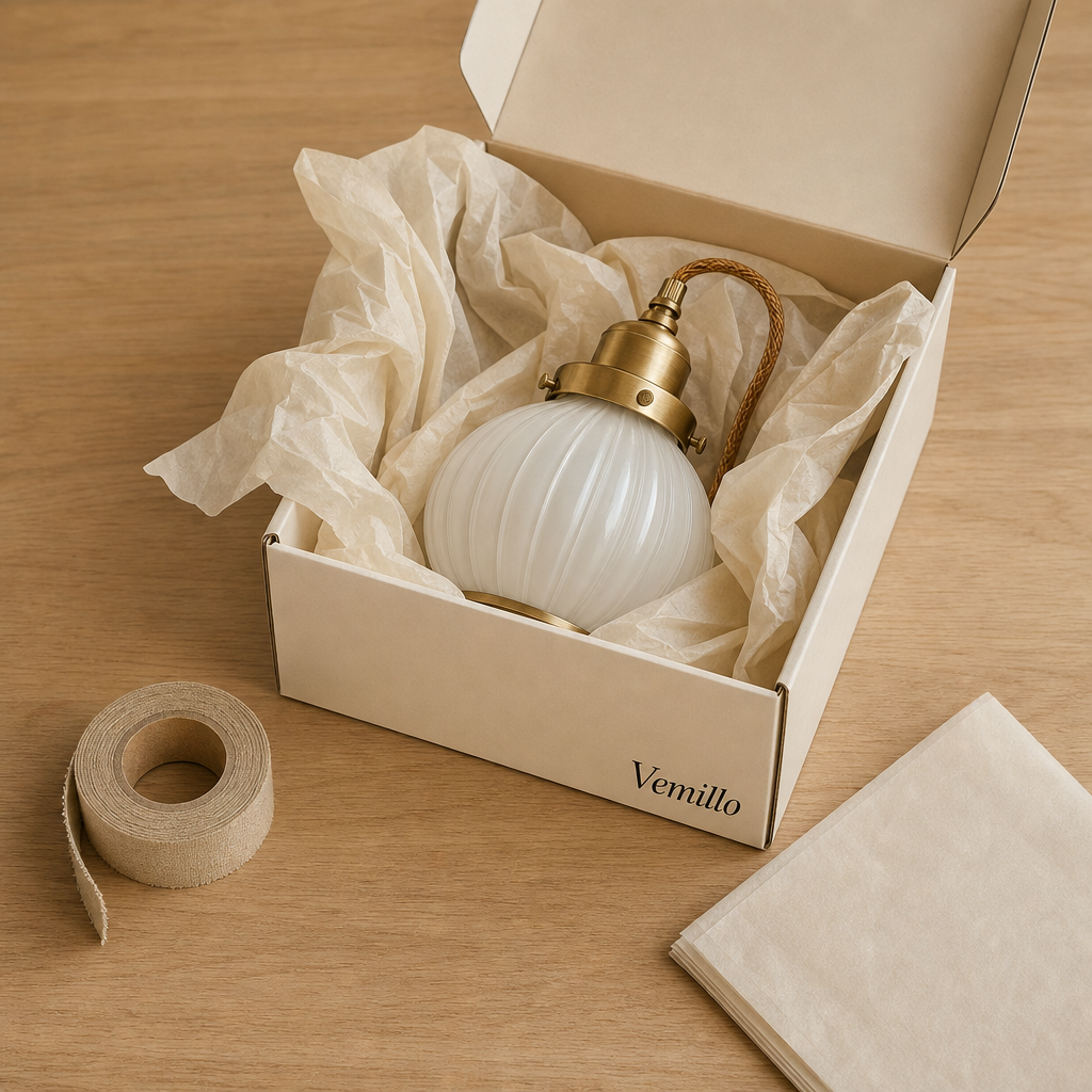 A pendant light packed in a Vemillo box with tissue paper