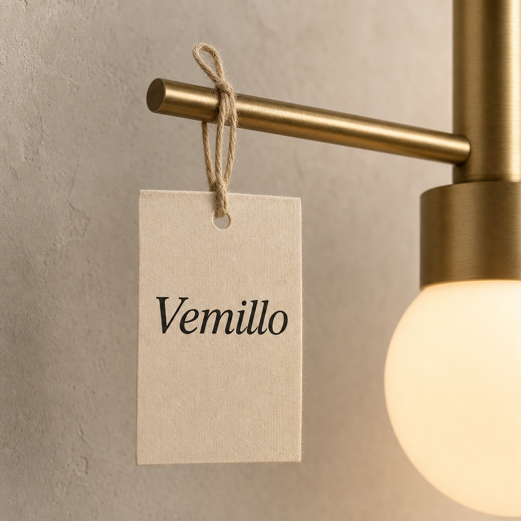 Vemillo hang tag tied to the brass arm of a wall light